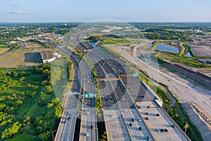 Aerial view of vehicles driving on Alfred E. Driscoll Bridge a huge complex road junction at the entrance for Sayreville