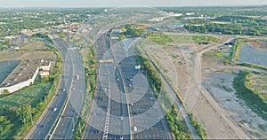 Aerial view of vehicles driving on Alfred E. Driscoll Bridge a huge complex road junction at the entrance for Sayreville