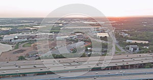 Aerial view of vehicles driving on Alfred E. Driscoll Bridge a huge complex road junction at the entrance for Woodbridge