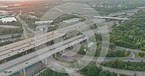 Aerial view of vehicles driving on Alfred E. Driscoll Bridge a huge complex road junction at the entrance for Woodbridge