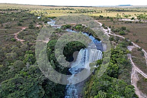 Aerial view of the Velha Waterfall in the Jalapao desert of Tocantins, Brazil.