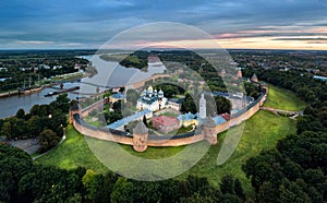 Aerial view of Veliky Novgorod kremlin at dusk