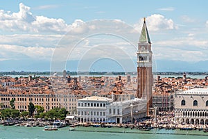 Aerial view on Venice city in Italy. Tower of San Marco