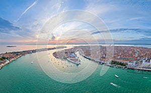 Aerial view of Venice city skyline at sunset, Italy. tourist travel attraction