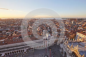 Aerial view of Venice with Saint Mark square at sunset, Italy