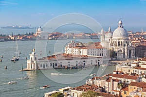 Aerial view of Venice, Santa Maria della Salute with Guidecca during early morning summer day.
