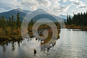 Aerial view of the Vermilion Lakes near Banff, Canada