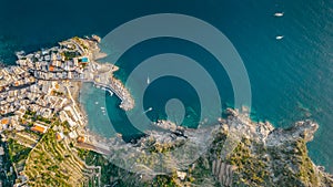 Aerial view of Vernazza and coastline of Cinque Terre,Italy.UNESCO Heritage Site.Picturesque colorful coastal village located on