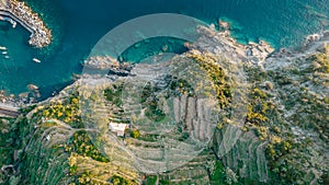 Aerial view of Vernazza and coastline of Cinque Terre,Italy.UNESCO Heritage Site.Picturesque colorful coastal village located on