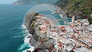 Aerial view of Vernazza, famous Cinque Terre town. Summer daylight drone shot