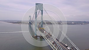 Aerial view of Verrazano bidge and overpass in Brooklyn, New York City. NYC from above Hudson river.