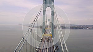 Aerial view of Verrazano bidge and overpass in Brooklyn, New York City. NYC from above Hudson river.