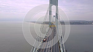 Aerial view of Verrazano bidge and overpass in Brooklyn, New York City. NYC from above Hudson river.