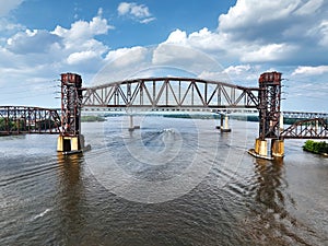 Aerial View of a Vertical Lift Railroad Bridge in Upright Position