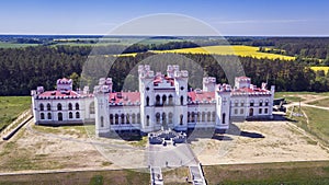 Aerial view of the very beatiful historical palace in the town Kossovo in Belarus