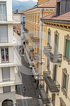 Aerial view of the very central Via Nassa and Piazzetta San Carlo, Lugano, Switzerland