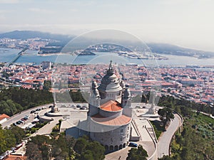 Aerial view of Viana do Castelo, Norte Region, Portugal, with Basilica Santa Luzia Church, shot from drone