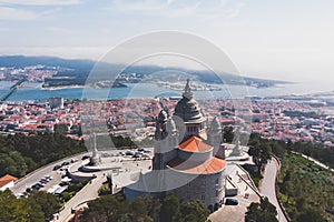 Aerial view of Viana do Castelo, Norte Region, Portugal, with Basilica Santa Luzia Church, shot from drone