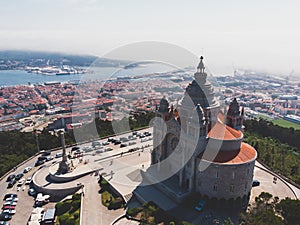 Aerial view of Viana do Castelo, Norte Region, Portugal, with Basilica Santa Luzia Church, shot from drone