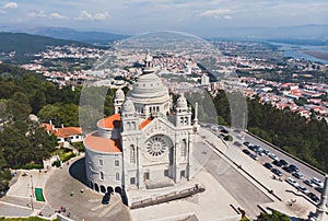 Aerial view of Viana do Castelo, Norte Region, Portugal, with Basilica Santa Luzia Church, shot from drone