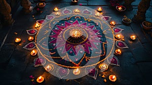 Aerial view of a vibrant symmetrical Indian rangoli pattern with lit diyas for Diwali celebration photo