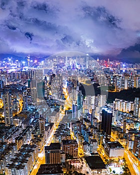 Aerial view of the Victoria Harbour, Hong Kong, night time. famous travel destination