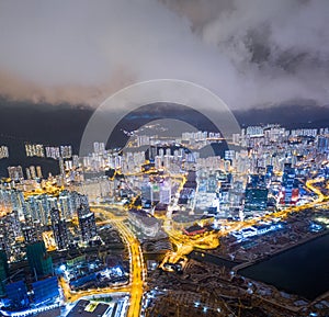 Aerial view of the Victoria Harbour, Hong Kong, night time. famous travel destination