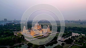 Aerial view of Victoria Memorial is a large marble monument on the Maidan in Central Kolkata