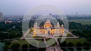 Aerial view of Victoria Memorial is a large marble monument on the Maidan in Central Kolkata