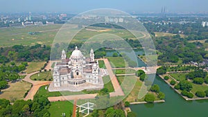 Aerial view of Victoria Memorial is a large marble monument on the Maidan in Central Kolkata