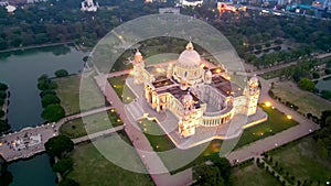 Aerial view of Victoria Memorial is a large marble monument on the Maidan in Central Kolkata