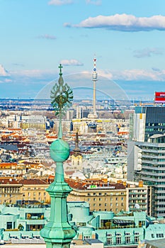 Aerial view of Vienna with Donauturm from top of the stephansdom cathedral....IMAGE photo