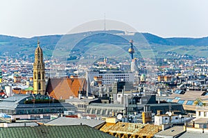 Aerial view of vienna including Spittelau district heating plant and the Kahlenberg hill....IMAGE photo