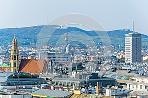 Aerial view of vienna including Spittelau district heating plant and the Kahlenberg hill....IMAGE