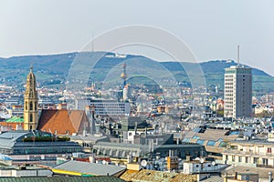 Aerial view of vienna including Spittelau district heating plant and the Kahlenberg hill....IMAGE