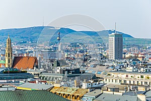 Aerial view of vienna including Spittelau district heating plant and the Kahlenberg hill....IMAGE