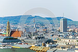 Aerial view of vienna including Spittelau district heating plant and the Kahlenberg hill....IMAGE