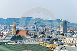 Aerial view of vienna including Spittelau district heating plant and the Kahlenberg hill....IMAGE