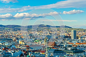 Aerial view of vienna including Spittelau district heating plant and the Kahlenberg hill....IMAGE