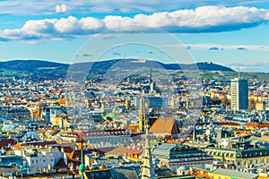 Aerial view of vienna including Spittelau district heating plant and the Kahlenberg hill....IMAGE