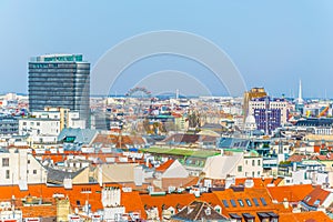 Aerial view of Vienna with prater and its riesenrad ferris wheel from top of the stephansdom cathedral....IMAGE