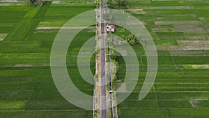 Aerial view, views of green rice fields and straight roads in the countryside