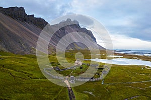 Aerial view of a viking village in Stokksnes under Vestrahorn mountain, Iceland