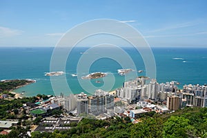 aerial view of Vila Velha cityscape and beachfront buildings, in Espirito Santo state, Brazil