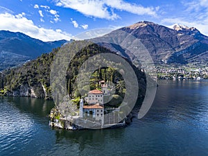 Aerial view of Villa Balbianello peninsula on Lake Como