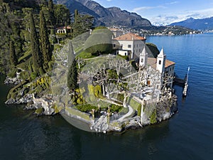 Aerial view of Villa Balbianello peninsula on Lake Como