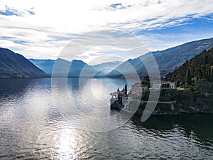 Aerial view of Villa Balbianello peninsula on Lake Como