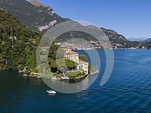 Aerial view of the Villa del Balbianello on the Lake Como