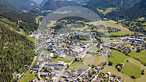 Aerial view of a village in the alpine mountains, Lofer, Austria