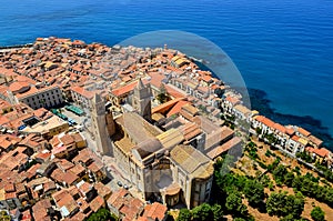 Aerial view of village and cathedral in Cefalu, Sicily